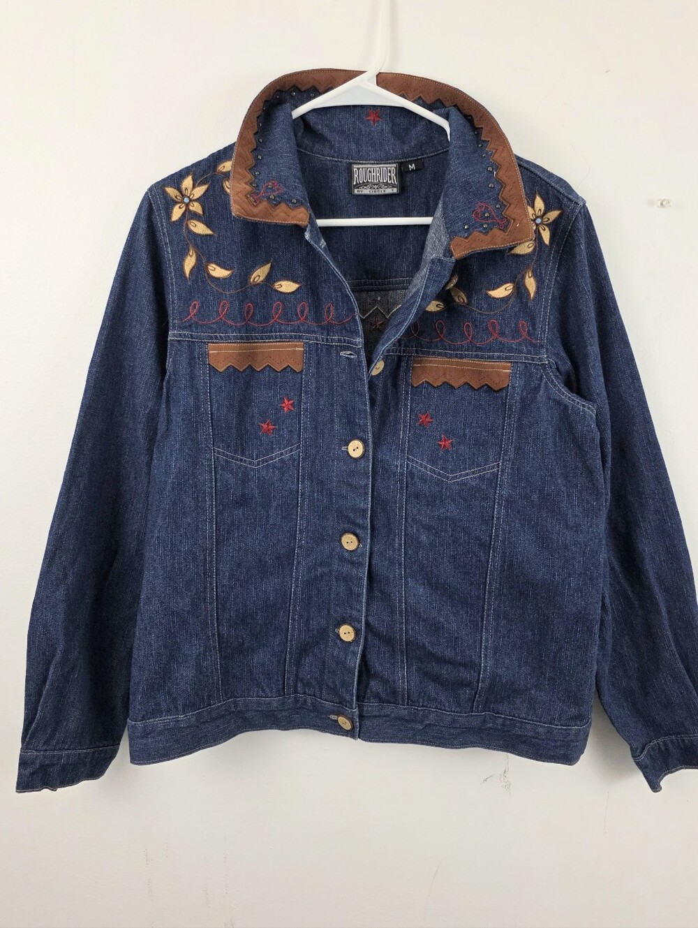 Vintage 1987 Rodeo RoughRider Jean Denim Button Jacket Y2K Embroidered Shirt Med - Picture 4 of 6